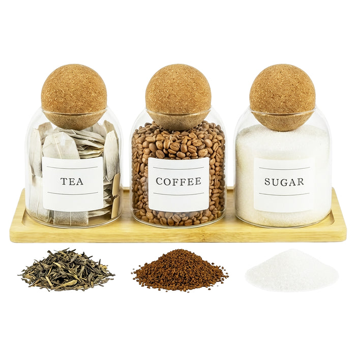 Glass Jar Canisters with Cork Ball Lids Tea Coffee Sugar Containers + Wooden Stand + Labels (Set of 3, 500ml Capacity)