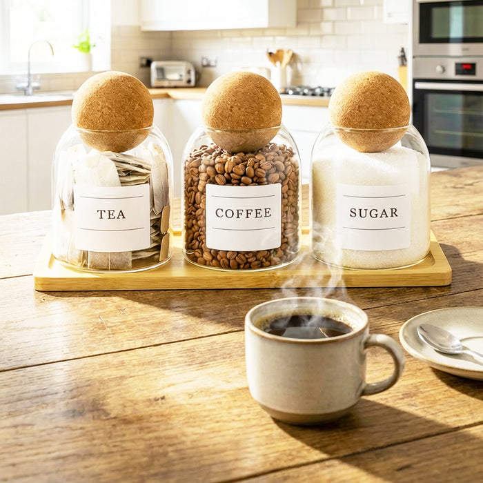 Glass Jar Canisters with Cork Ball Lids Tea Coffee Sugar Containers + Wooden Stand + Labels (Set of 3, 500ml Capacity)