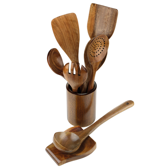 Wooden Kitchen Utensil Set 7 piece Teak Spoons Spatulas Non-Scratch Food Safe