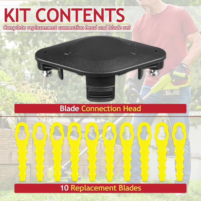 Blade Connection Head for Ryobi Grass Strimmer Trimmer + 10 Replacement Heavy Duty Blades (RAC155 RAC157 RAC158)