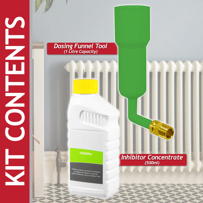 Central Heating Inhibitor Concentrate Anti Corrosion Liquid (500ml Bottle) + Radiator Dosing Funnel Tool