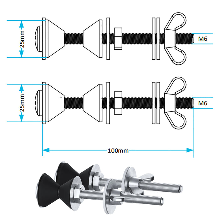 Toilet Cistern Seal Kit 100mm M6 Bolt Through 1.5" Rubber Dome 2" Foam Washer Set