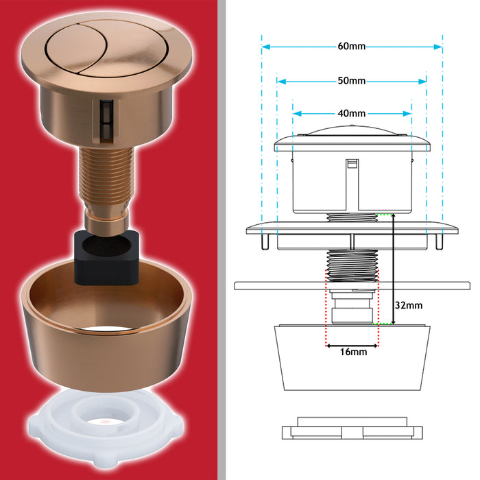 Universal Toilet Cistern Dual Flush Push Button Kit for 20mm 40mm 50mm 60mm Lid Hole (Brushed Copper)