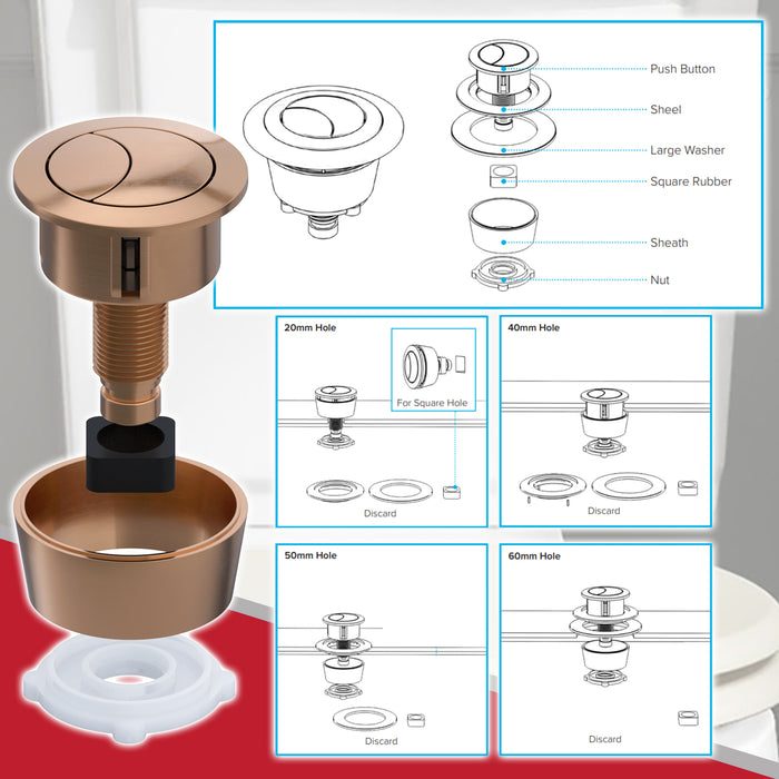 Universal Toilet Cistern Dual Flush Push Button Kit for 20mm 40mm 50mm 60mm Lid Hole (Brushed Copper)