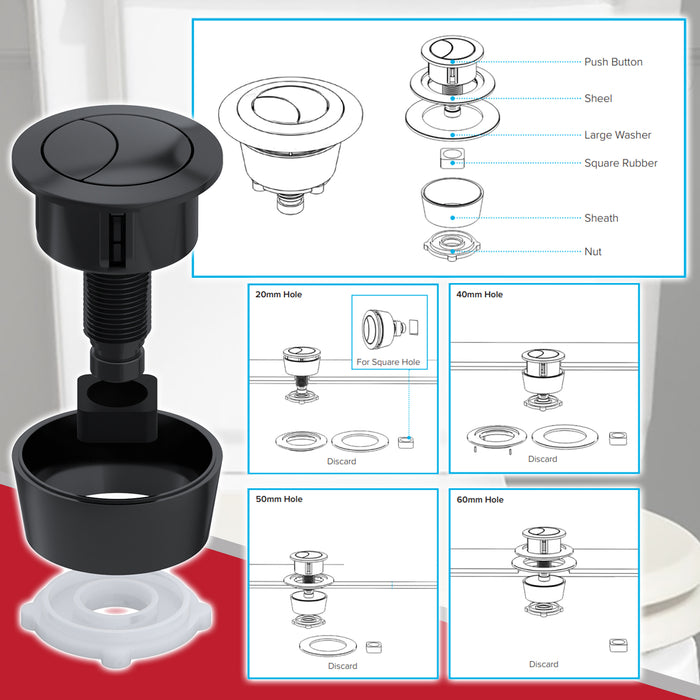 Universal Toilet Cistern Dual Flush Push Button Kit for 20mm 40mm 50mm 60mm Lid Hole (Matt Black)