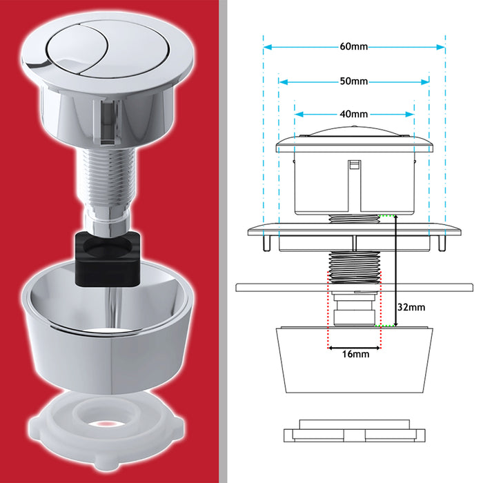 Universal Toilet Cistern Dual Flush Push Button Kit for 20mm 40mm 50mm 60mm Lid Hole (Chrome Silver)