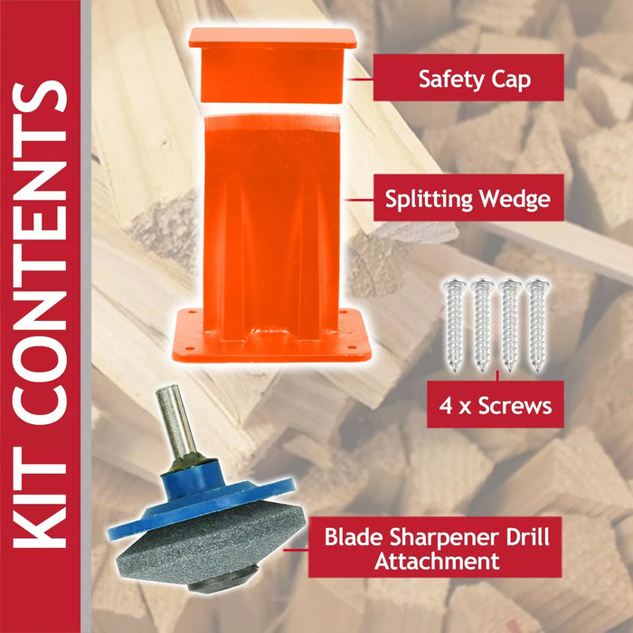 Kindling Splitter Firewood Log Mounted Wedge Splitting Base + Drill Blade Sharpener Attachment Kit