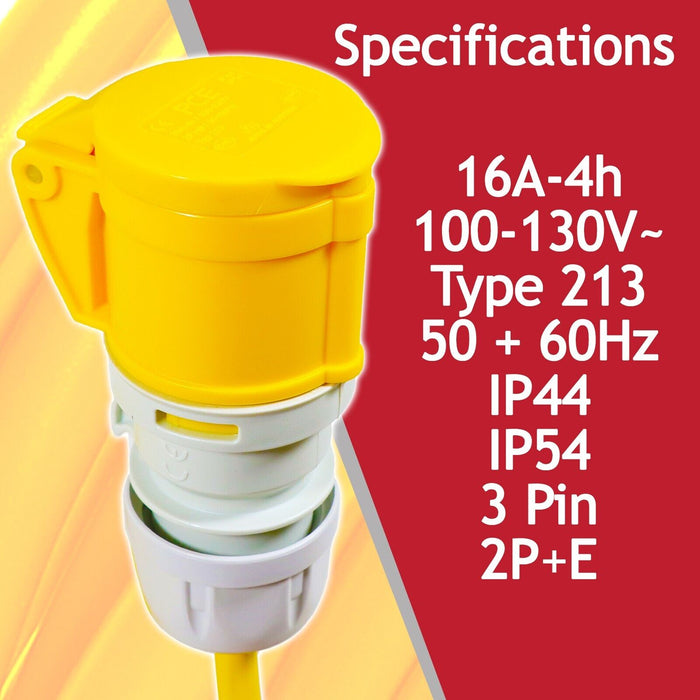16A Extension Lead 14m 110V 1.5mm Extra Long Yellow Power Cable + 2 x 16 Amp Splitter Kit
