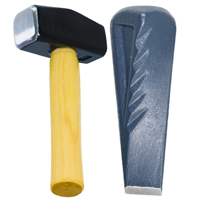 Twisted Log Splitter 2.5KG 9" Steel Wedge + 4lb Lump Club Hammer Mallet Heavy Duty Kit