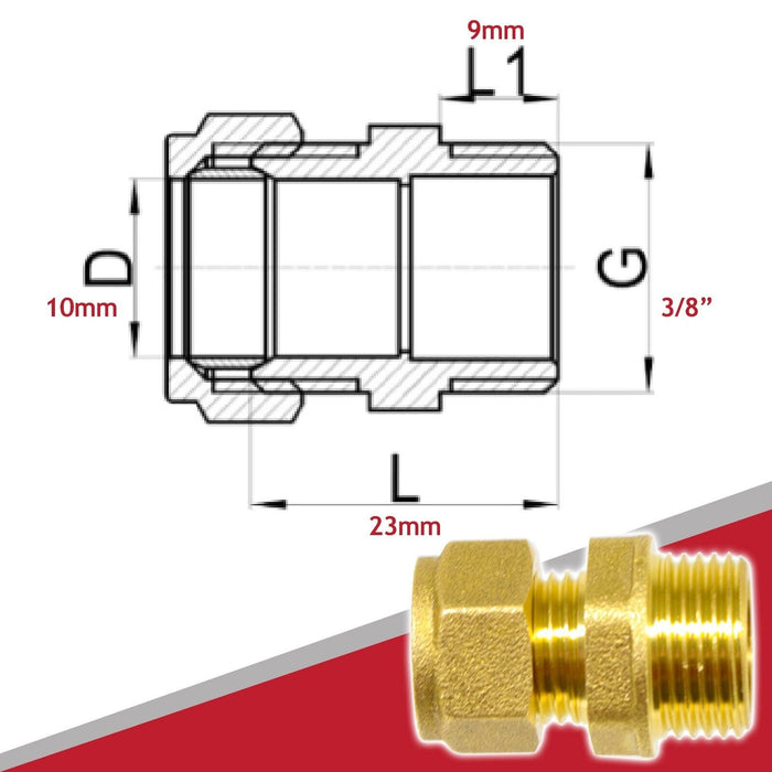 Compression Connector 10mm x 3/8" BSP Male Straight Brass Pipe Coupler Adaptor Fitting (Pack of 10)