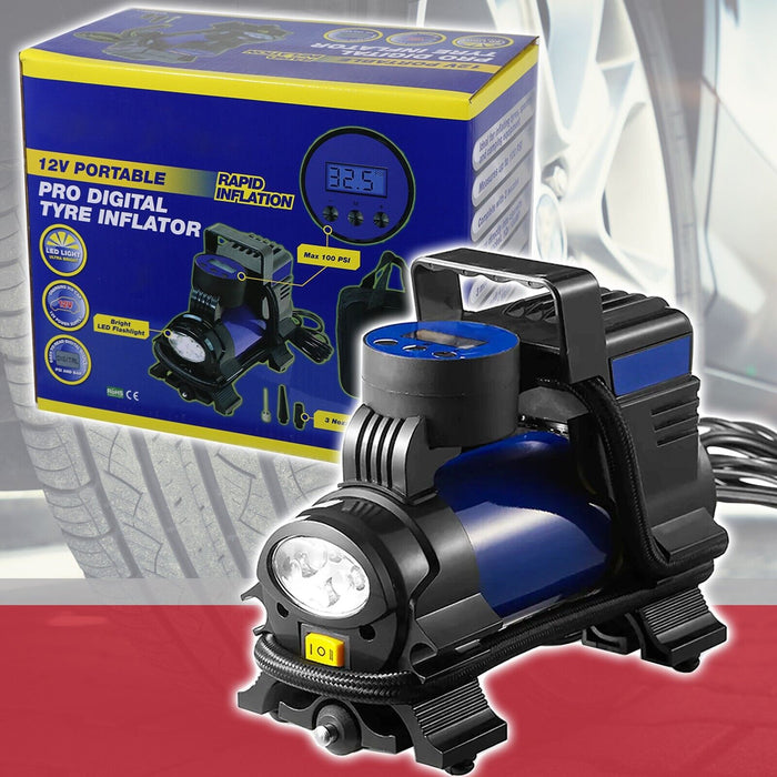 Digital Tyre Inflator 12V Car Bike Van Motorcycle Portable LED Air Compressor Pump (with Carry Bag)