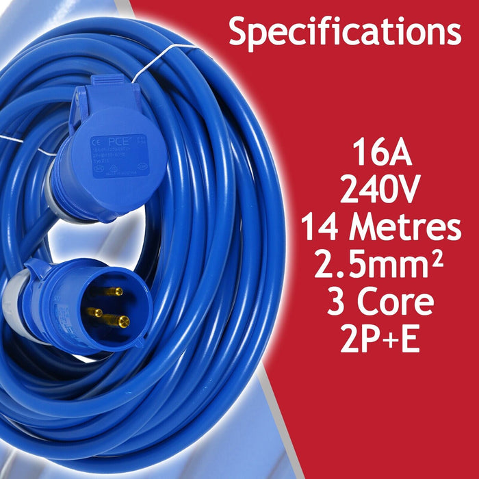16A Extension Lead 14m Heavy Duty 240V 2.5mm Blue Power Cable + 2 x 16 Amp Splitter Kit