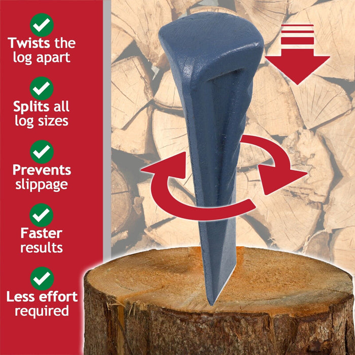 Twisted Log Splitter 2.5KG 9" Steel Wedge + 4lb Lump Club Hammer Mallet Heavy Duty Kit