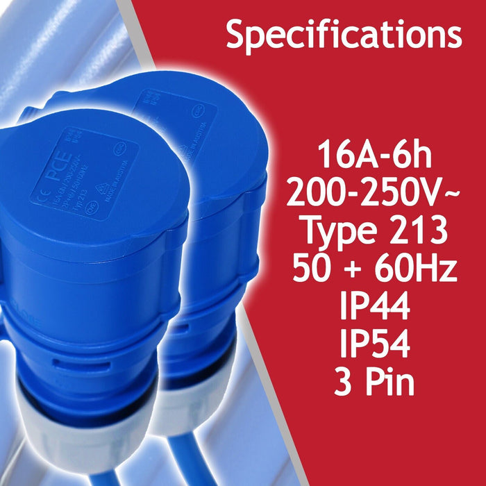 16A Extension Lead 14m 240V 1.5mm Extra Long Blue Power Cable + 2 x 16 Amp Splitter Kit