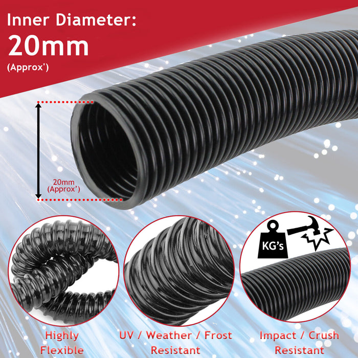 20mm Cable Conduit Flexible Tube Tidy Sleeving Organiser 2cm Black 15m