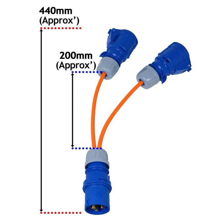 16A Extension Lead 14m 110V 1.5mm Extra Long Yellow Power Cable + 2 x 16 Amp Splitter Kit