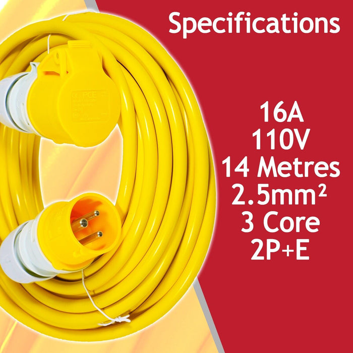 16A Extension Lead 14m 110V 2.5mm Heavy Duty Power Cable Cord 3-Pin 2P+E (Yellow)