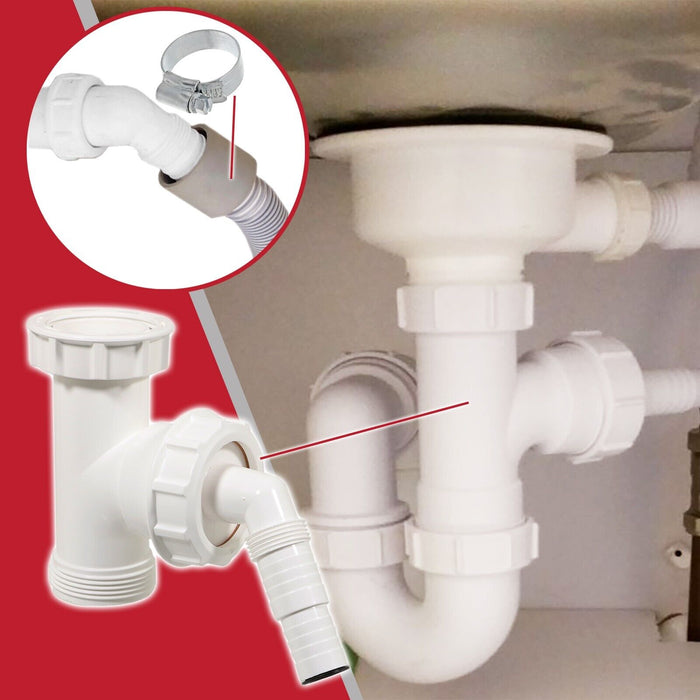 Appliance Trap Adaptor 40mm 1 1/2" Washing Machine Dishwasher Waste Pipe Tee + Clip Kit