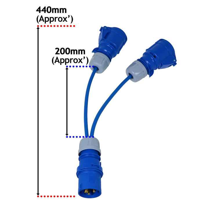 16A Extension Lead 14m 240V 2.5mm Heavy Duty Blue Power Cable + 2 x 16 Amp Splitter Kit