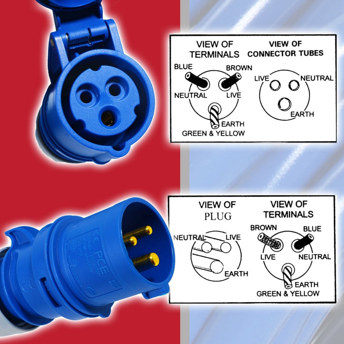 16A Extension Lead 14m 240V 1.5mm Extra Long Outdoor Construction Site Generator Power Cable (Blue)