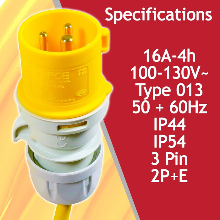 16A Extension Lead 14m 110V 2.5mm Heavy Duty Power Cable Cord 3-Pin 2P+E (Yellow)