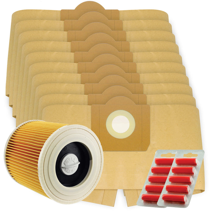 Vacuum Cleaner Dust Bags + Filter Cartridge compatible with Karcher WD3 WD3P MV3 Wet & Dry (Pack of 10 + Fresheners)