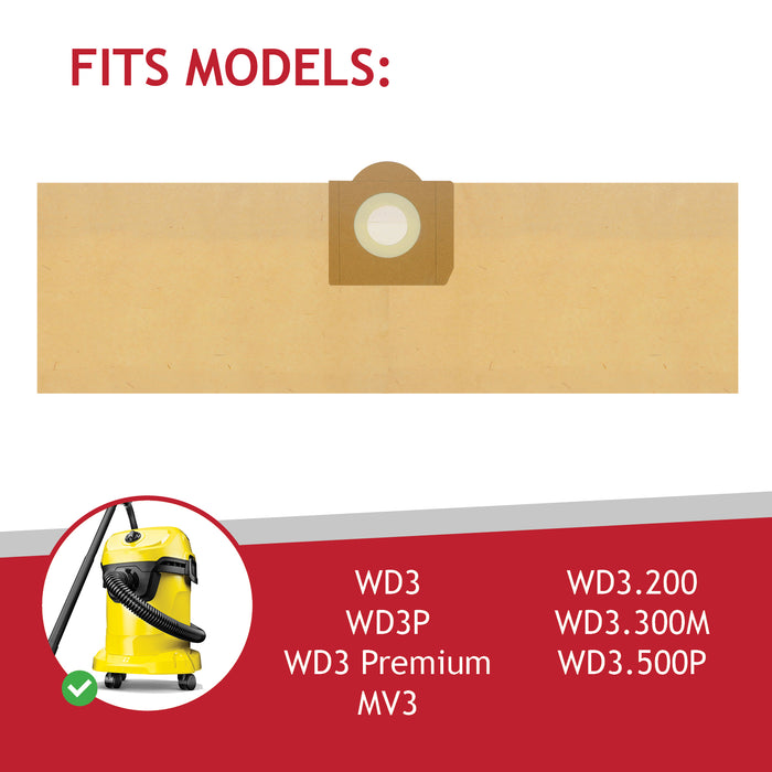 Vacuum Cleaner Dust Bags for Karcher WD3 WD3P MV3 Wet & Dry (Pack of 5 + Freshener Tabs)