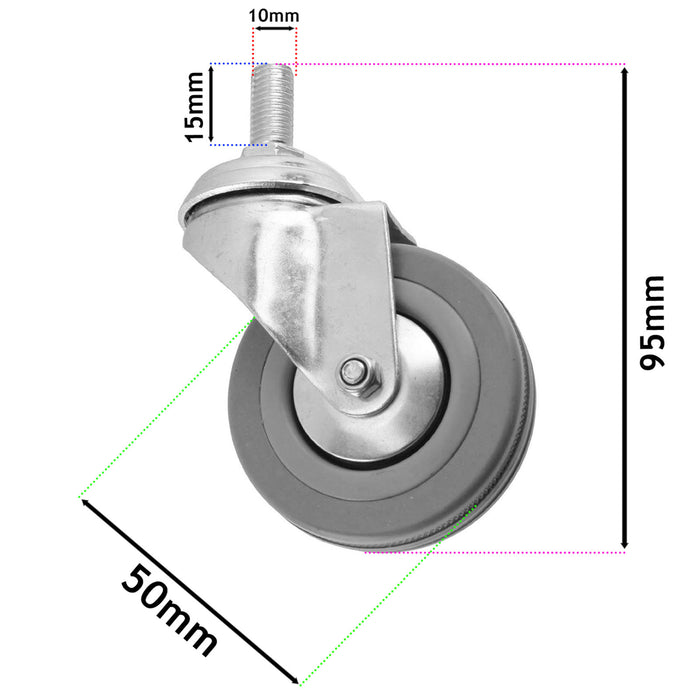 Castor Wheel Trolley 50mm M10 Threaded Swivel Non-Marking 8 x Caster Wheels Nuts