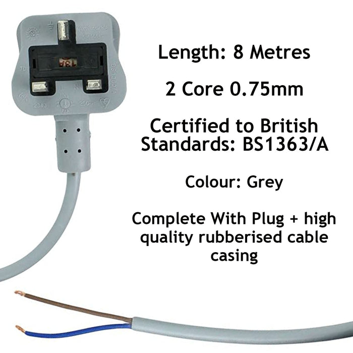 Mains Cable for VAX Vacuum Cleaner Hoover Lead Grey 8M Replacement