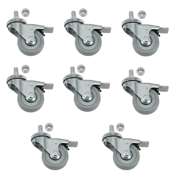 Universal 50mm M10 Threaded Castor Wheels Swivel Braked Non-Marking Caster (Pack of 8 + Bolts)