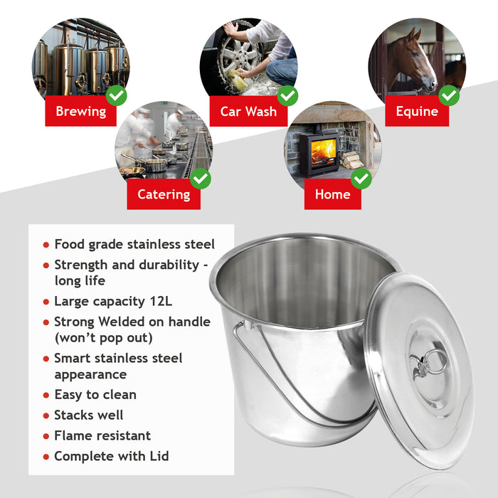 12L Metal Bucket + Lid Stainless Steel Bar Cellar Catering Kitchen Pail Handle