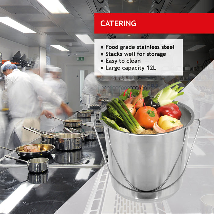 12L Metal Bucket with Lid Stainless Steel 12 Litre Large Heavy Duty Pail Handle x 2