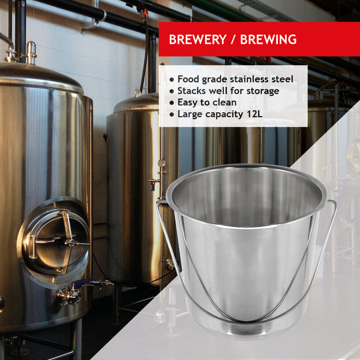12 Litre Stainless Steel Handled Pail Bucket (Silver, Set of 5 Buckets)