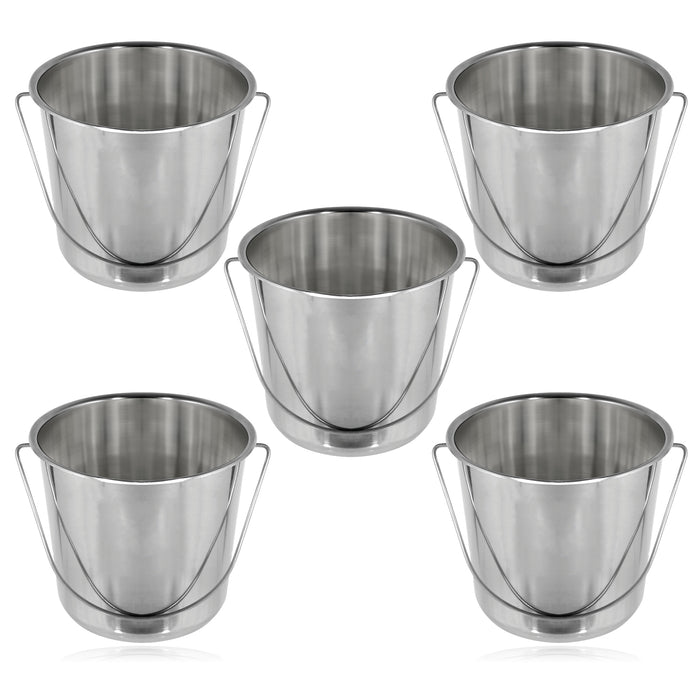 12 Litre Stainless Steel Handled Pail Bucket (Silver, Set of 5 Buckets)