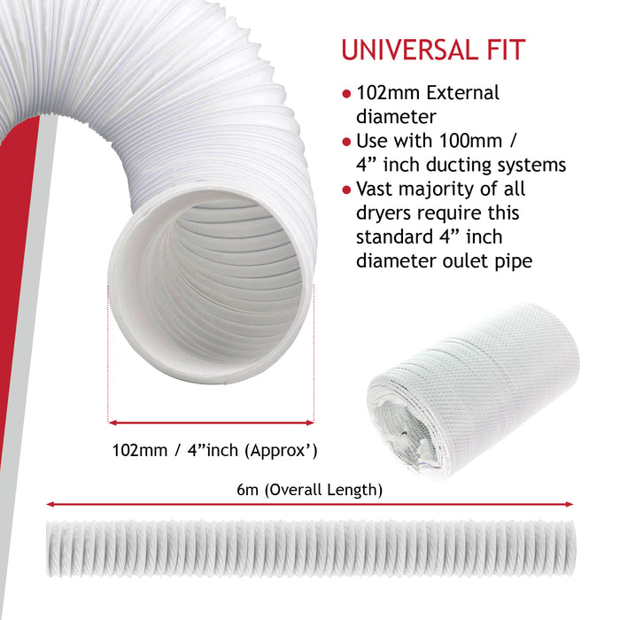 Extra Long Condenser Vent Hose Pipe for Whirlpool Vented Tumble Dryer (6m / 4")