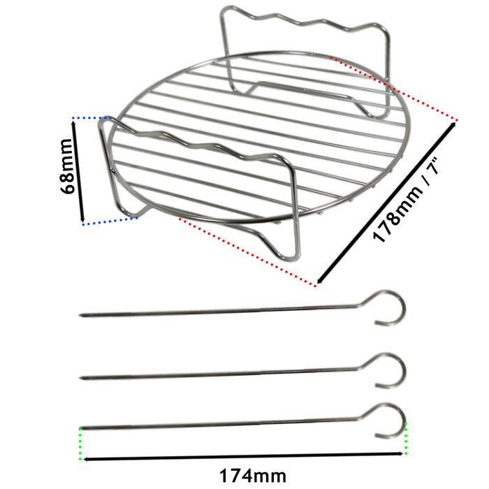 Air Fryer Round Shelf Rack Multi Cooker 17.8cm 7" Stainless Steel + 3 Skewers