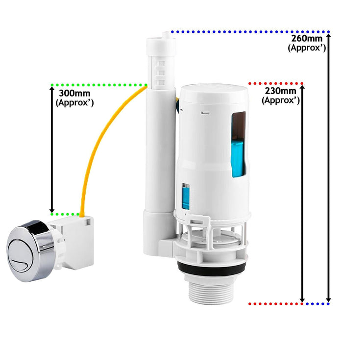 Adjustable Dual Flush Toilet Valve Concealed Cistern with Push Button (1.5" / 2" Outlet, 300mm Cable)